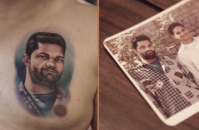 male chest colorful portrait tattoo