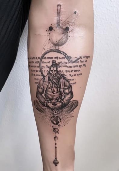 hanuman with hanuman chalisa solar system gada geometric pattern tattoo fine line male forearm