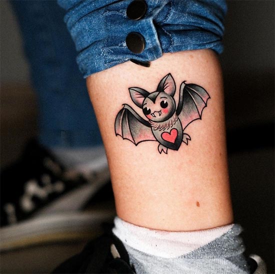 bat with heart tattoo cute design female leg