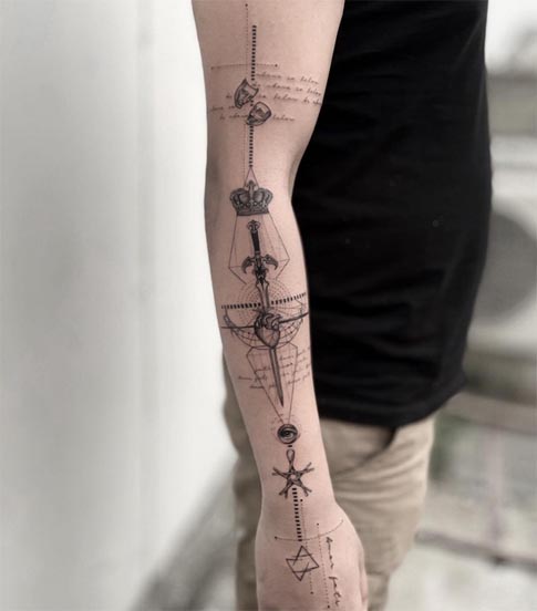 crown sword heart eye pentagram triangle geometric fine line tattoo male arm