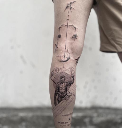 greek god bird balance heart brain sanskrit mantra geometric pattern tattoo male leg