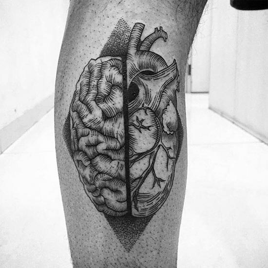 half brain half heart on diamond shape background tattoo design male leg calf