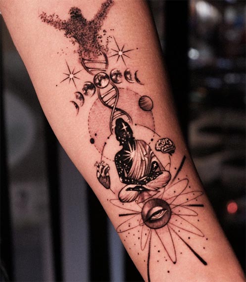 meditating buddha phases of moon heart brain eye tattoo design male forearm