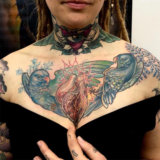 new school parrots snowflakes heart tattoo female chest color