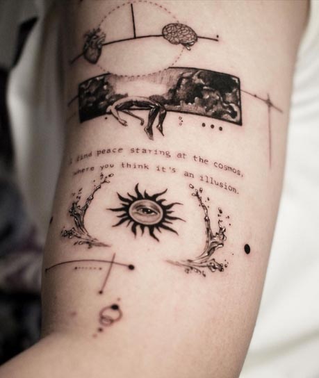 peace cosmos man brain heart sun water drop quote tattoo geometric fine line male bicep
