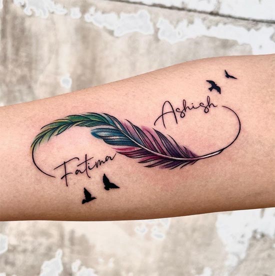 love feather infinity tattoo with birds and names fatima ashish female hand forearm