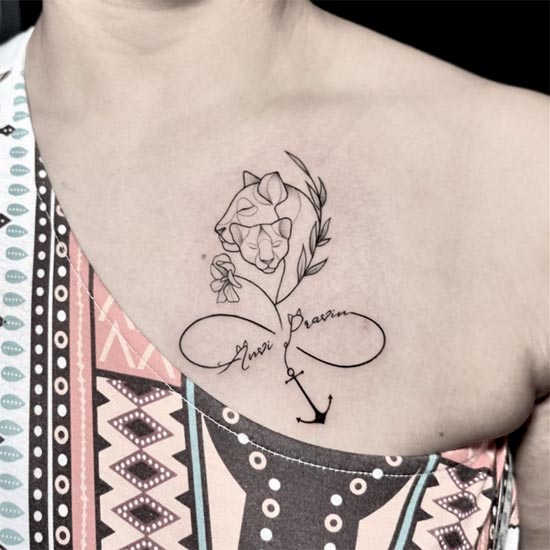 love lioness with cub infinity anchor name anvi pravin tattoo girl chest