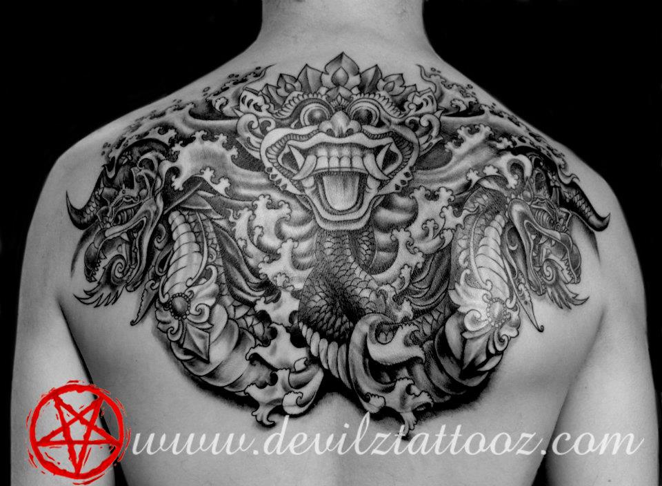 tibetan mask dragons japanese black and grey tattoo