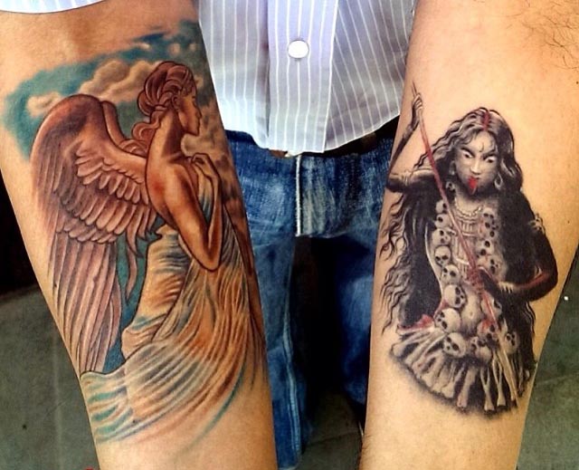 both arms tattoo kali angel male forearm
