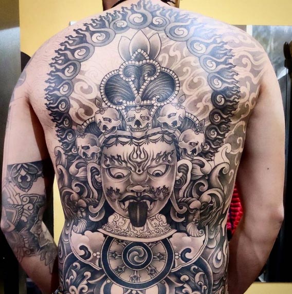kali tattoo design male full back black and grey