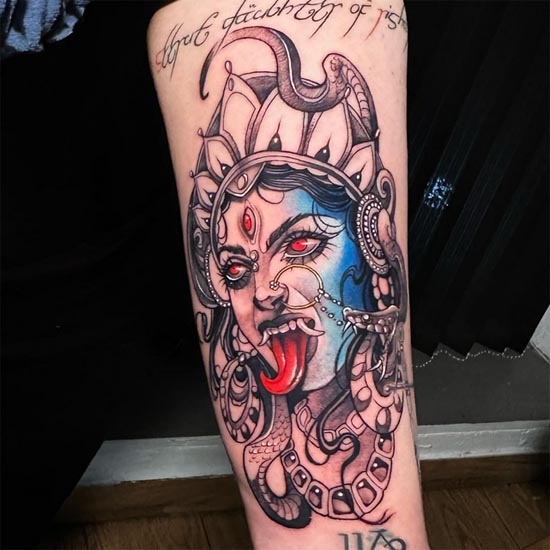 maa kali head snake and gemstone garland color tattoo male forearm