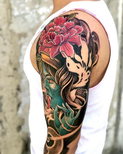 new school neo traditional kali tattoo design male half sleeve