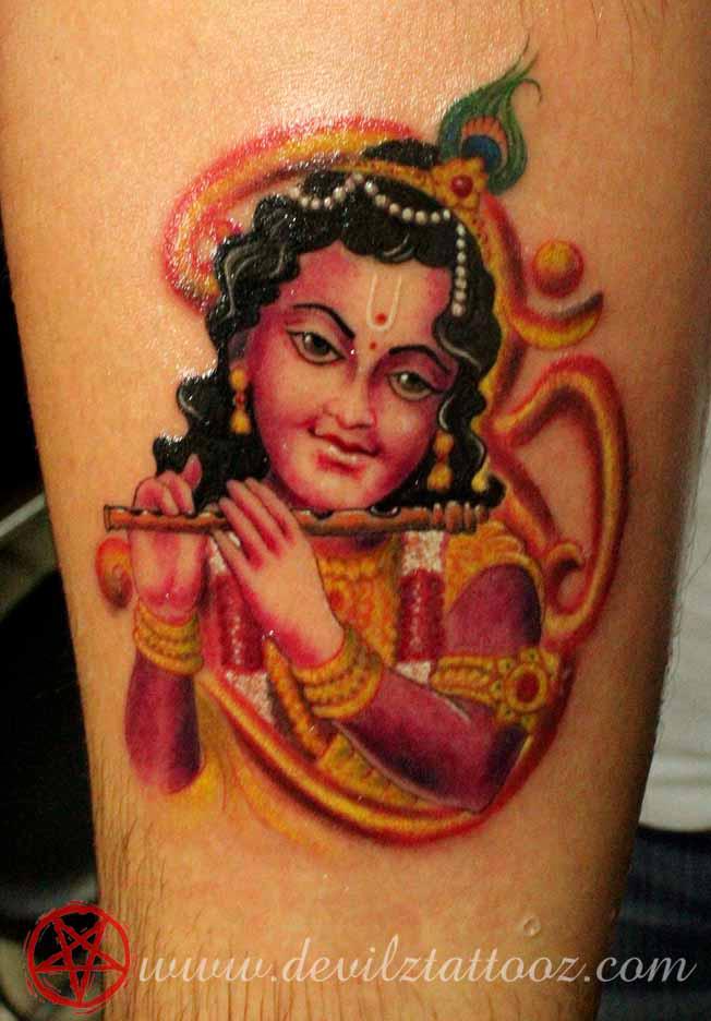 krishna with flute color tattoo