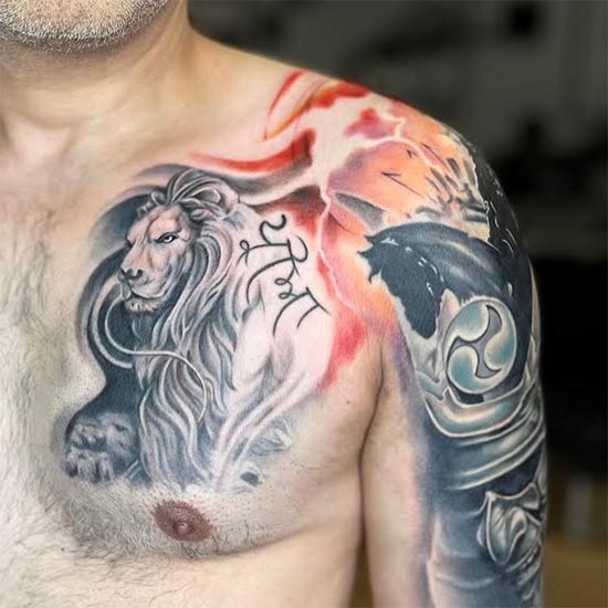 abstract lion tattoo male chest black and grey