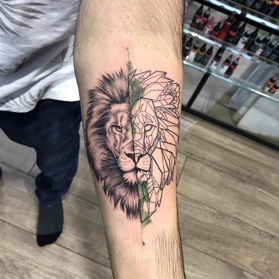 half realistic half geometric linework lion head tattoo male forearm
