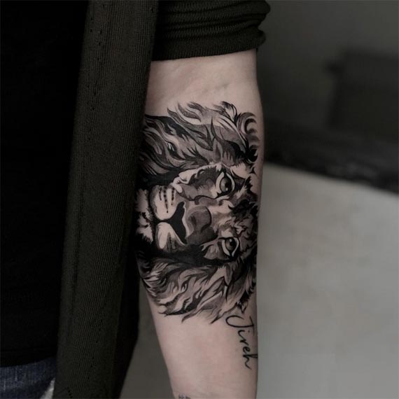 lion abstract name jireh tattoo design male hand forearm