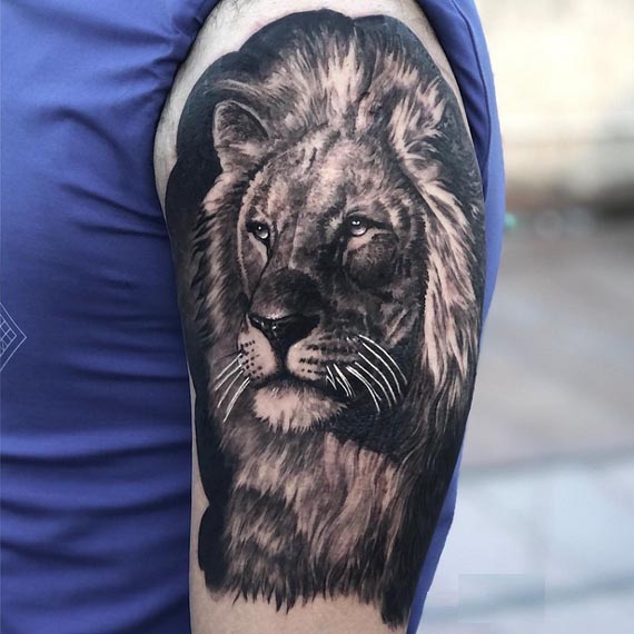 lion big tattoo design male bicep black and grey