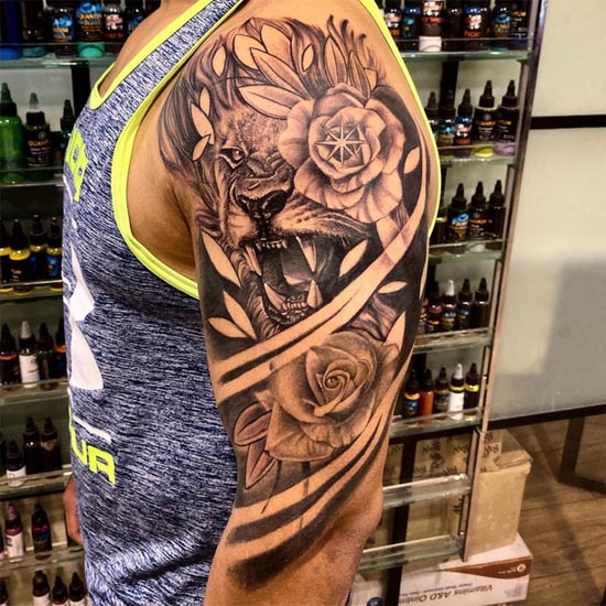 lion rose tattoo male shoulder bicep