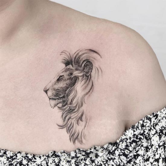 lion side face tattoo minimalist design female collarbone