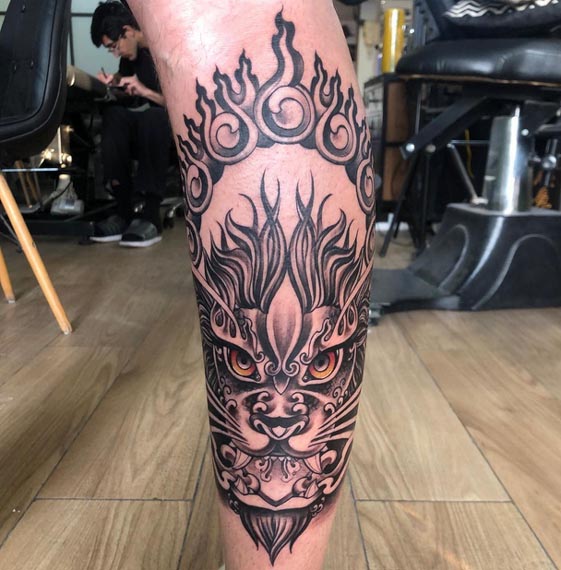 lion tattoo design male leg calf