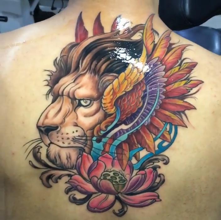 lion with flowers color tattoo design male back