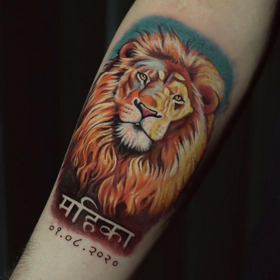 lion with hindi name mahika birth date color tattoo design male forearm