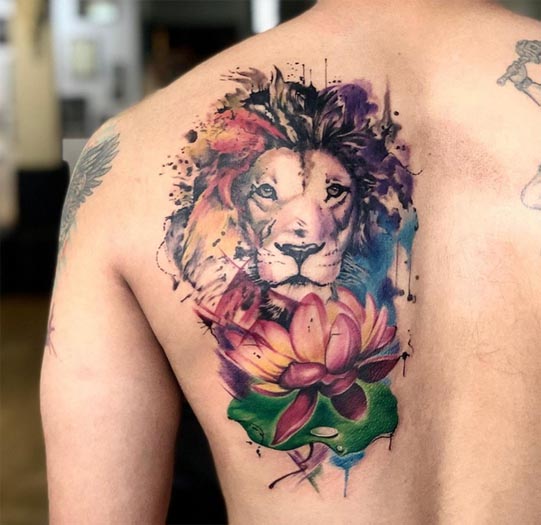 abstract lion lotus tattoo watercolor male back shoulder