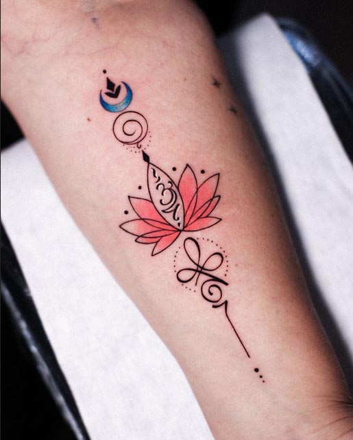 blue moon unalome om red lotus tattoo design female forearm