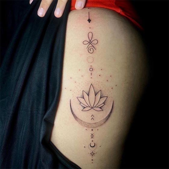 lotus moon tattoo ornamental feminine hip thigh