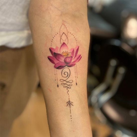 lotus purple unalome ornamental tattoo design female forearm color