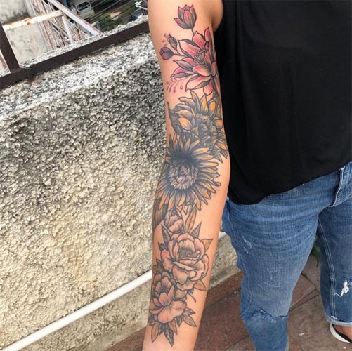 lotus sunflower peony tattoo girl full sleeve
