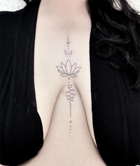 lotus unalome crescent moon tattoo design sternum linework