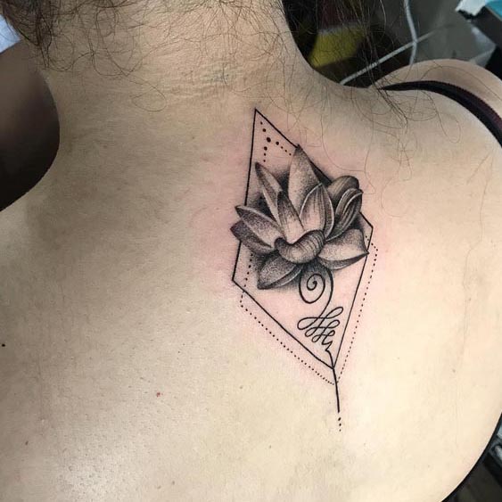 lotus unalome with diamond shape background tattoo design idea female back