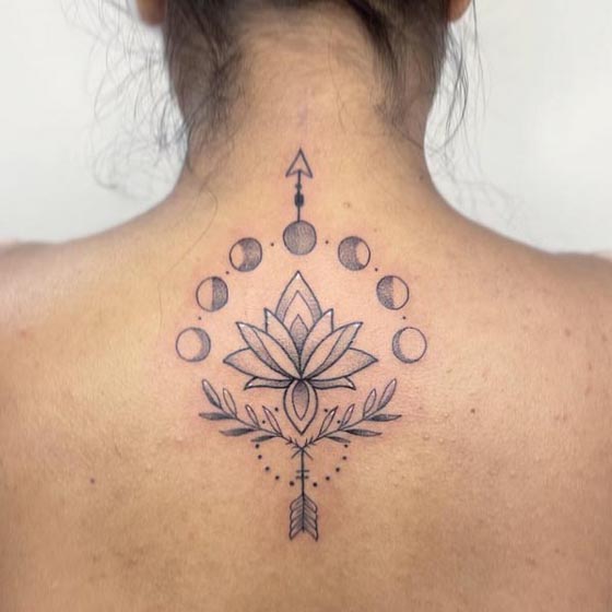 mandala lotus moon phases arrow leaves tattoo design female back