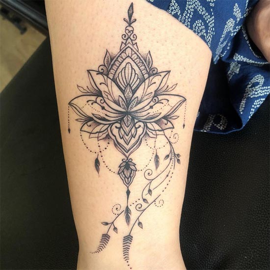 mandala lotus ornamental tattoo design female calf