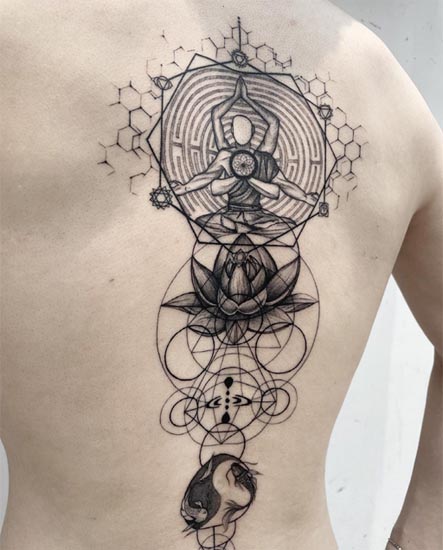 meditation monk lotus fishes yin yang geometric pattern tattoo fine line male back