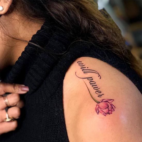 purple lotus quote will power tattoo design female shoulder