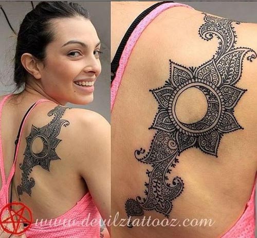 mandala tattoo on back shoulder of female