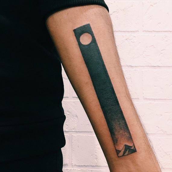 blackwork land sky moon darkness panel tattoo male forearm