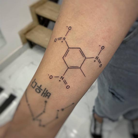 chemical formula geometric fineline tattoo female forearm