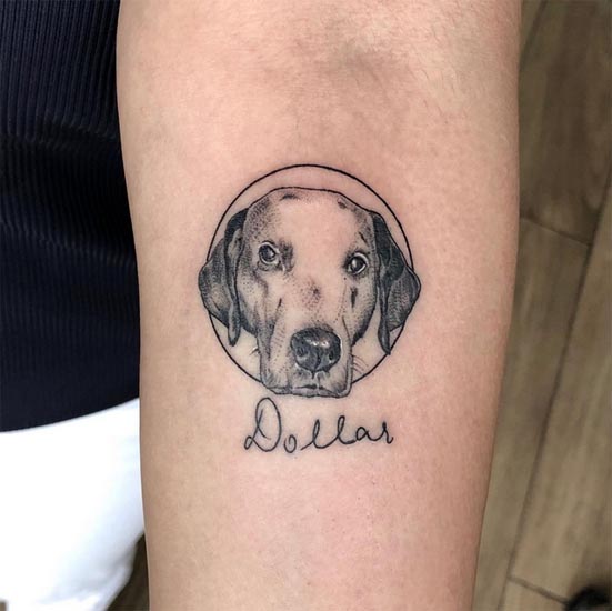 minimalistic dog portrait tattoo female forearm