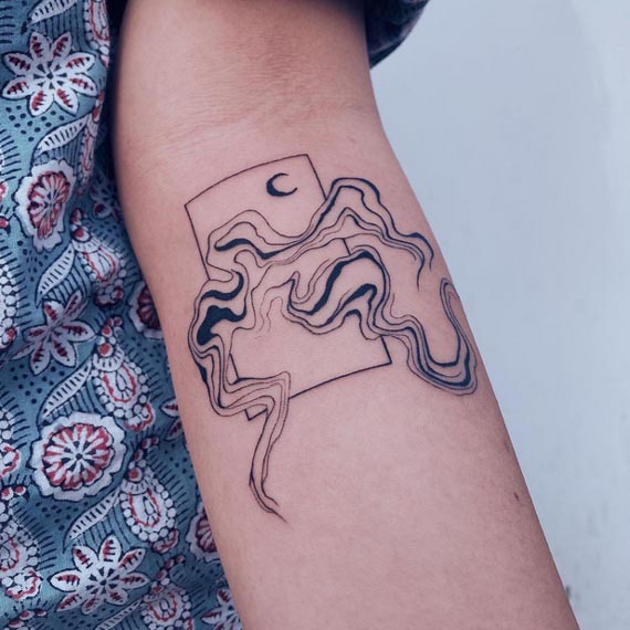starry night liquid blackwork tattoo female upper forearm