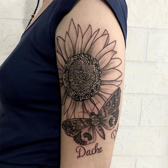 sunflower moth tattoo design female arm bicep