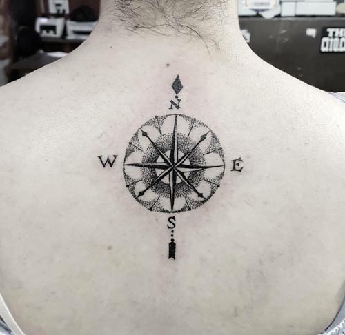 dotwork compass tattoo on back