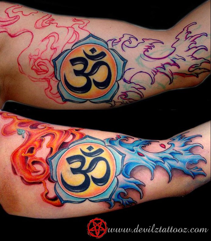 om fire water elements color tattoo