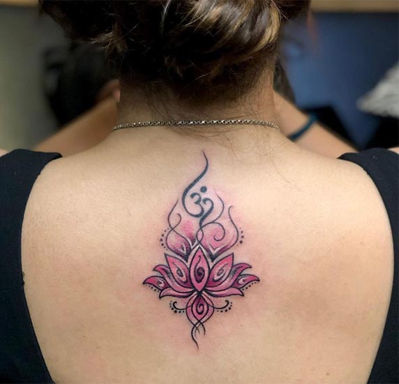 om lotus tattoo color female back