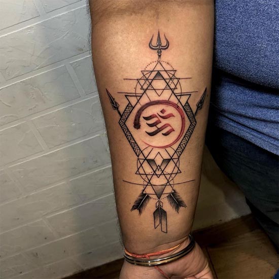 om tattoo trishul arrow geometric pattern tattoo male forearm