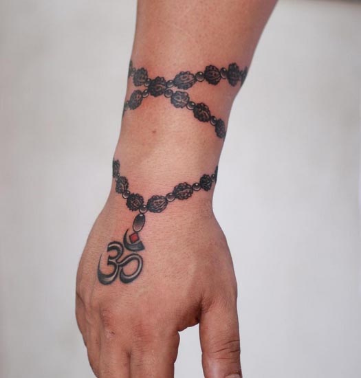 rudraksha rosary beads with om band tattoo design male wrist forearm 1