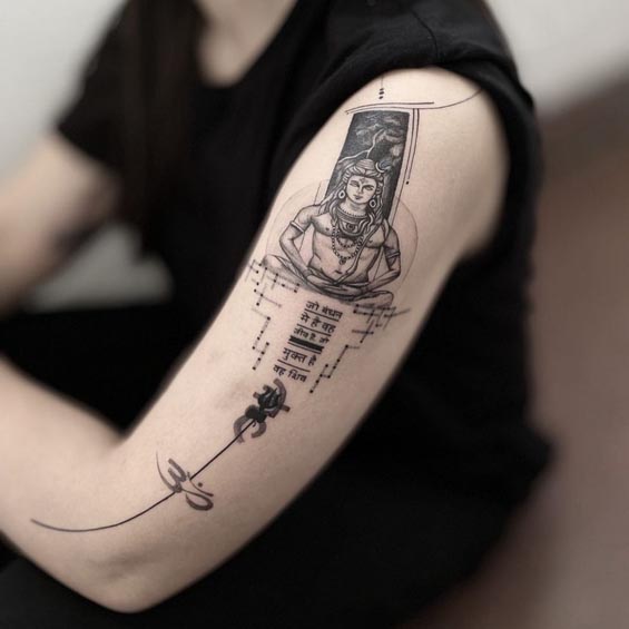 shiva trishul om geometric pattern tattoo fine line female bicep