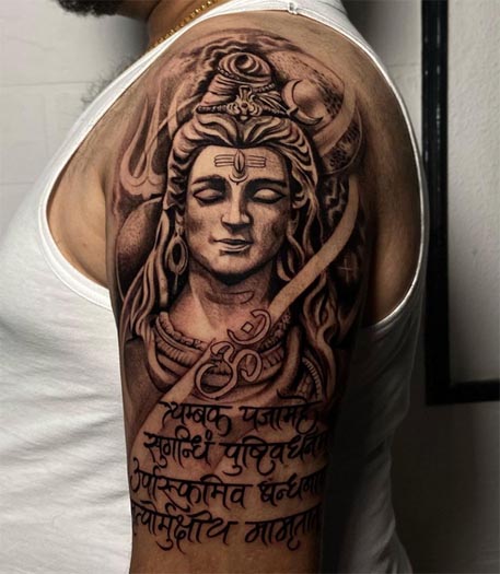 shiva with om and maha mrityunjaya mantra tattoo design male shoulder bicep